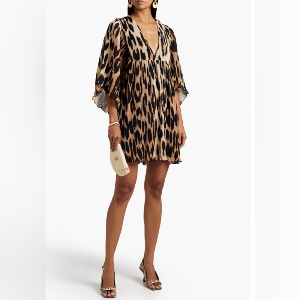 GANNI Pleated Georgette v neck kaftan Oversized Mini Dress Leopard XS